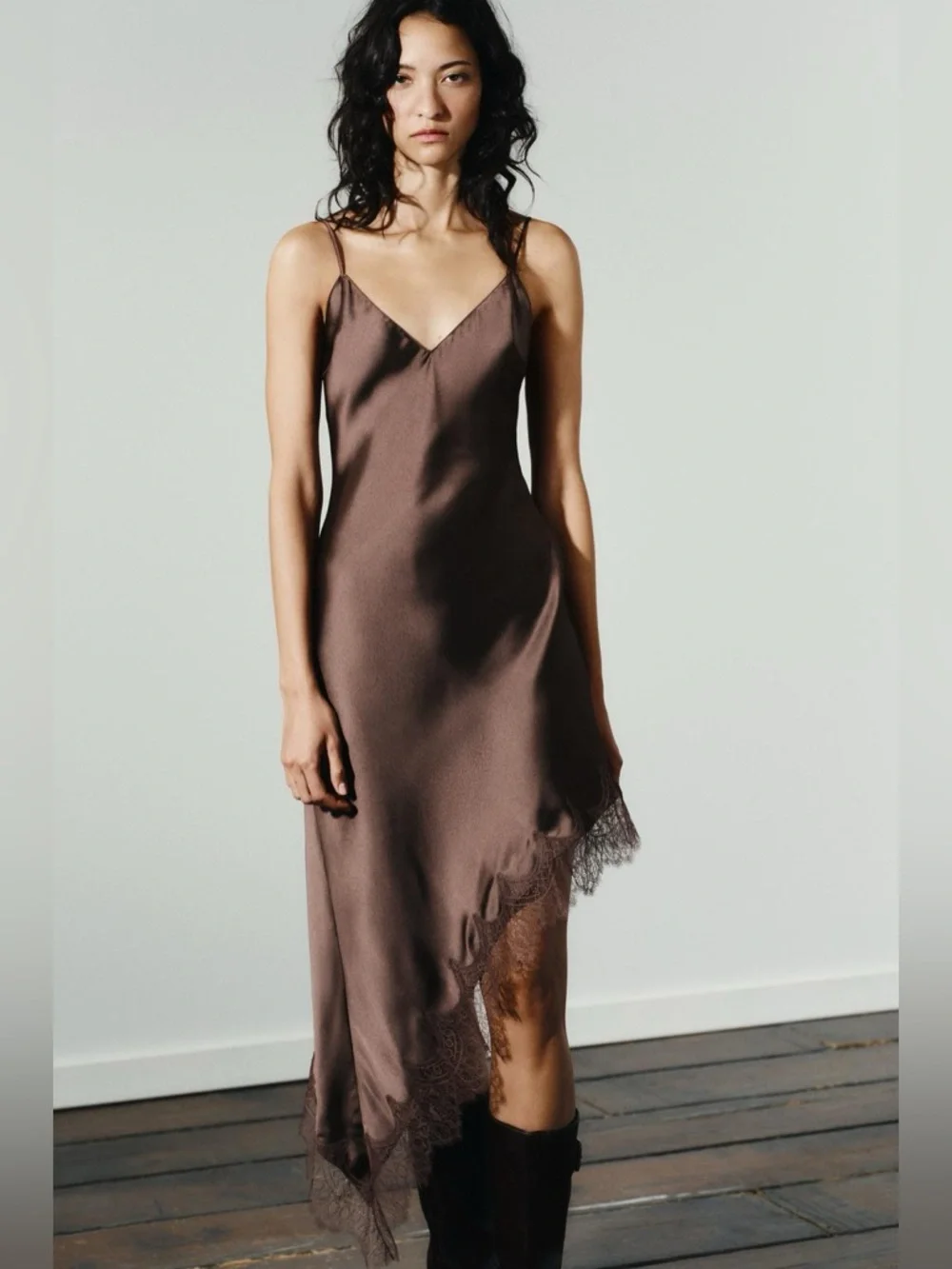 ZARA Satin Lace-Trim Slip Dress, Brown 8827|332 XL NWT - Picture 2 of 16